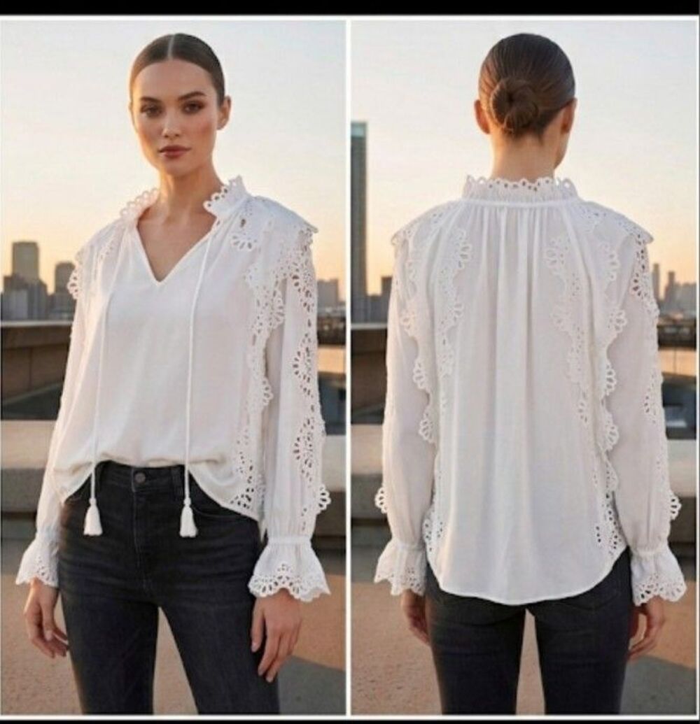 Stellah White Elegant Blouse Size L Eyelet Trim Long Sleeve Tie V Neck